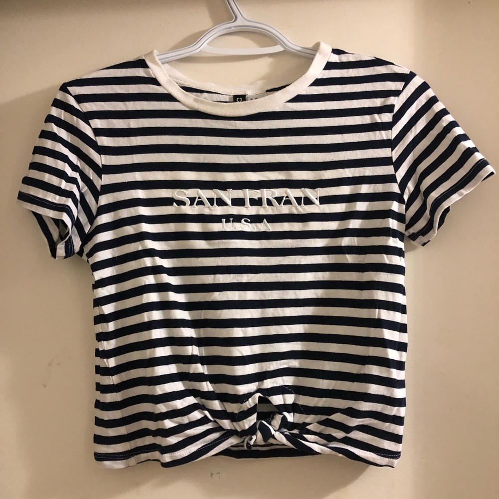 H&M XS San Fran Navy Blue Striped Crop T-Shirt Tie Front